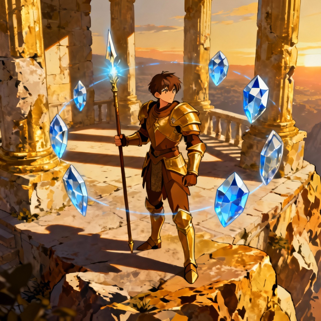 AI Geo spear fighter on rocky terrace with crystal shields