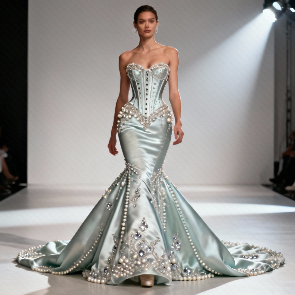 AI opaline silk mermaid couture gown with crystal embroidery
