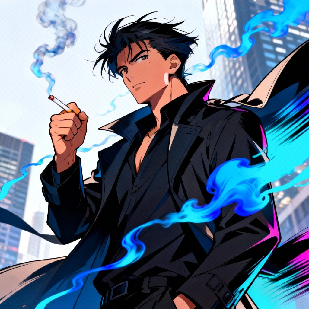 AI anime hero with stylized smoke ribbons