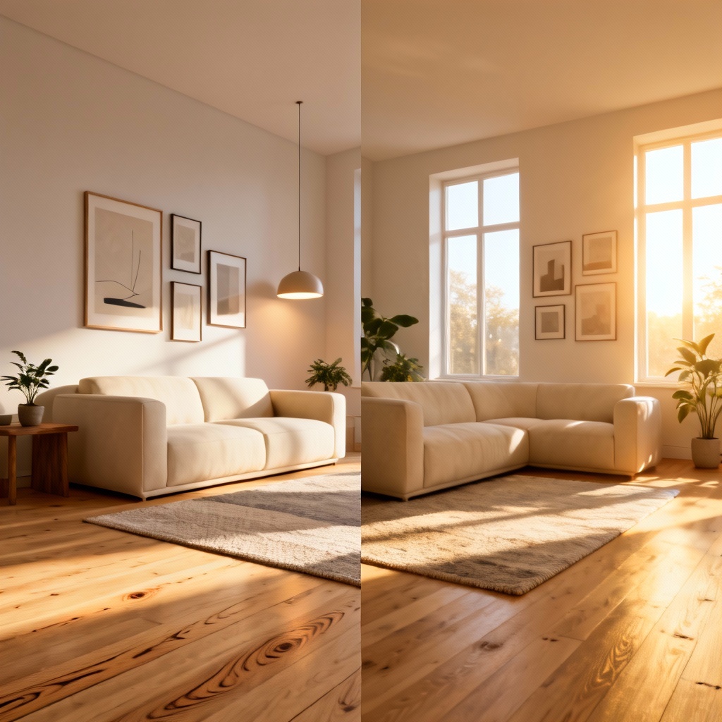 AI decoration mockup of a modern living room with neutral palette and plants