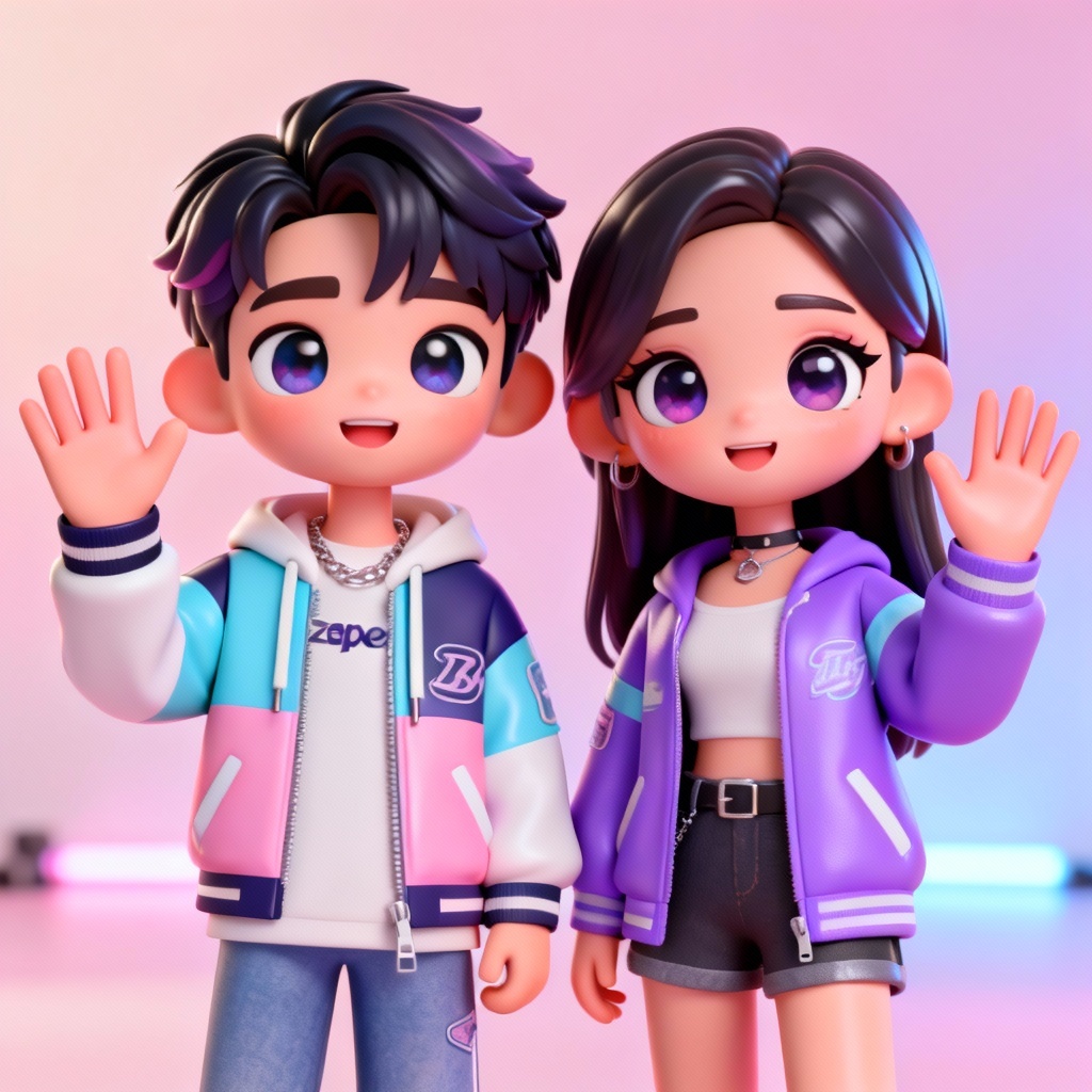 AI Zepeto-style 3D avatar couple waving on pastel gradient