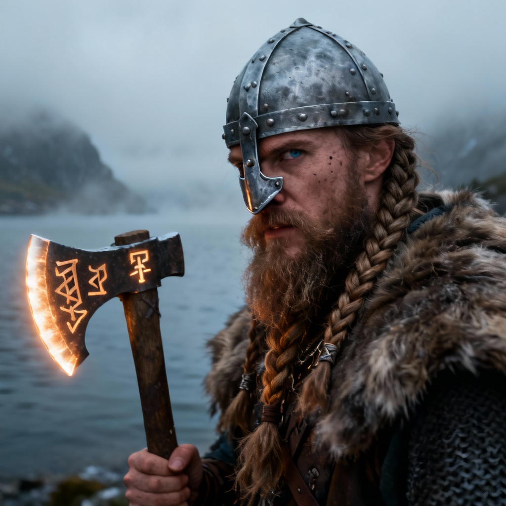 AI Viking jarl portrait with runes and fjord backdrop