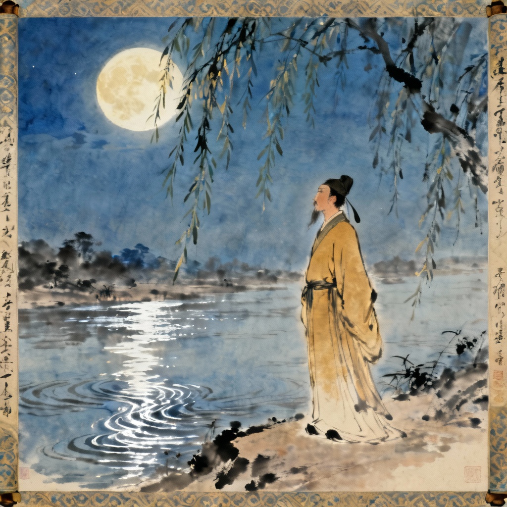AI Tang Dynasty poet under moonlight by riverbank