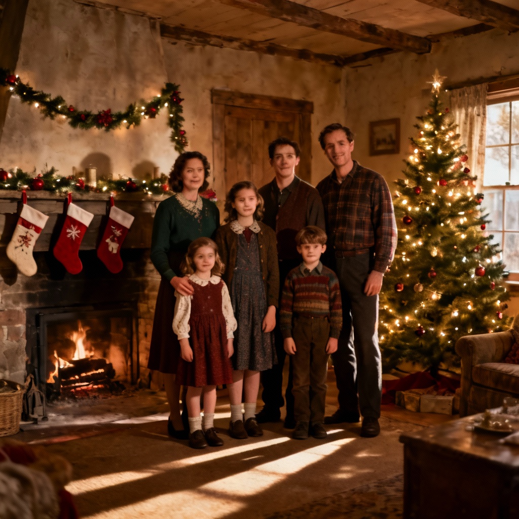 Family photo with Christmas fireplace background