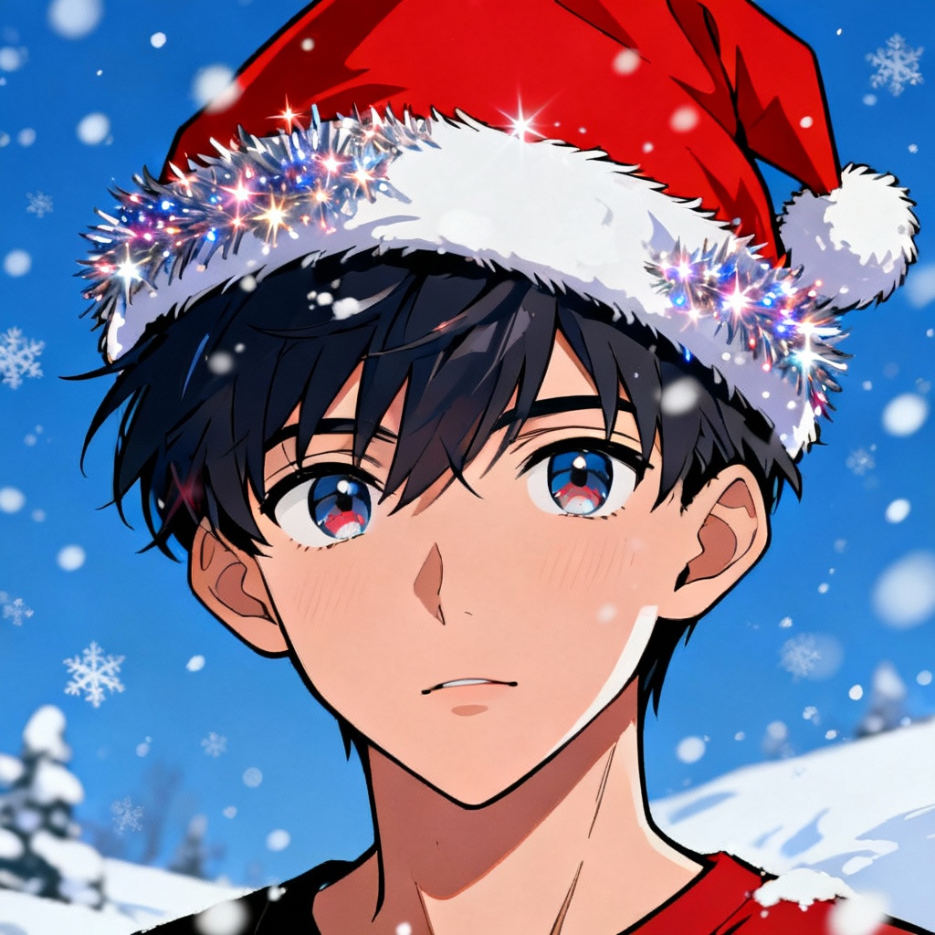 Anime avatar with red Christmas hat and snowy background