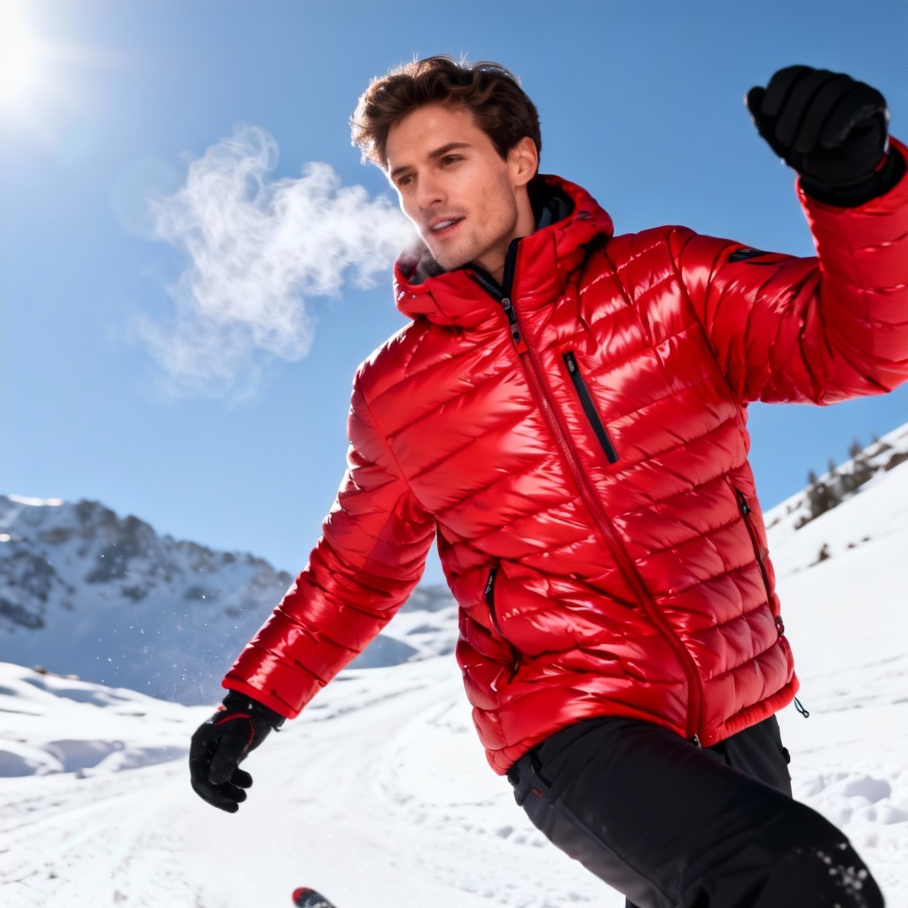 Red puffer jacket on-model in snowy setting