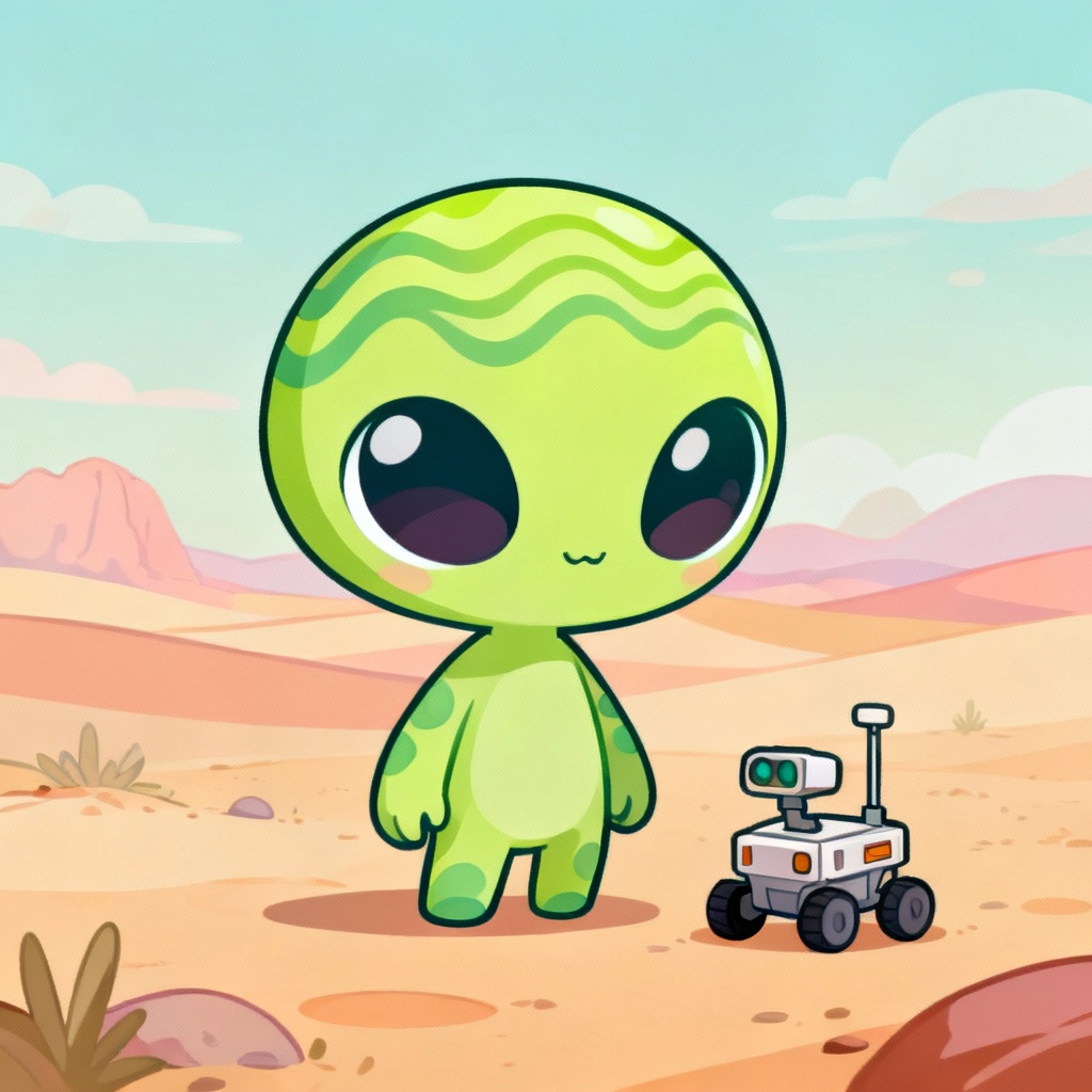 Cute chibi Martian waving with a tiny rover