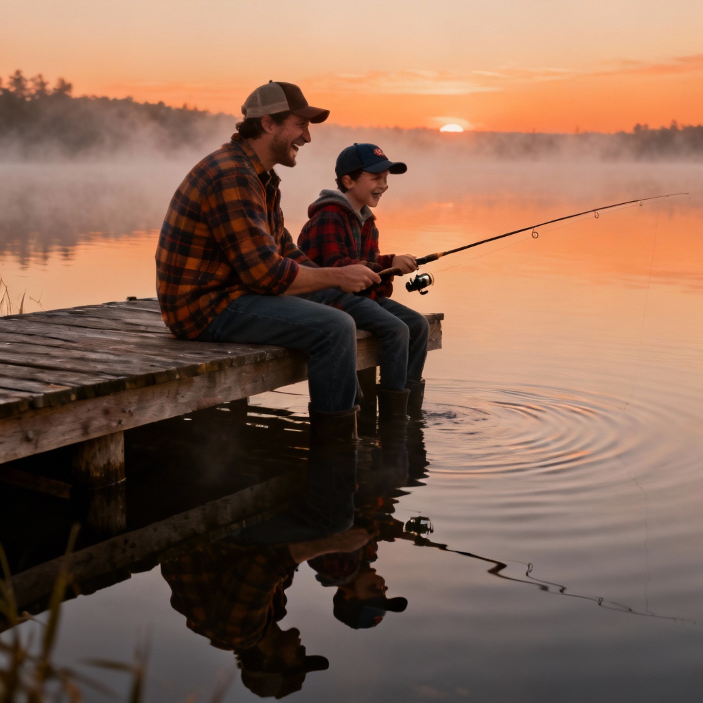AI father and son fishing at sunrise by a lake