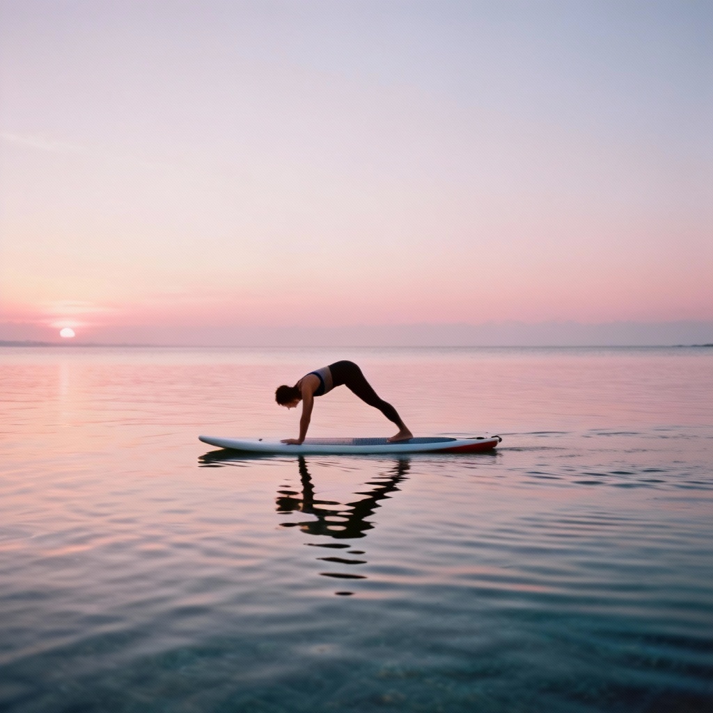 AI standup paddleboard yoga pose at sunrise