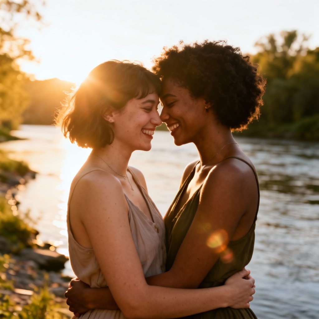 Romantic lesbian couple portrait at golden hour