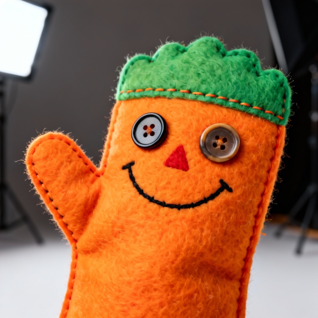 AI-generated felt puppet portrait with bright buttons and stitched smile
