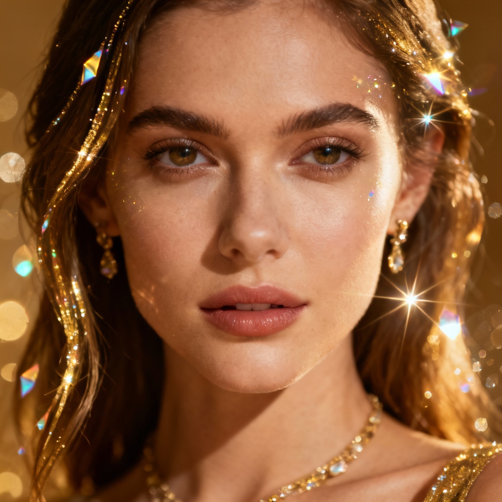 AI sparkling details effect on portrait with golden glitter and starburst highlights