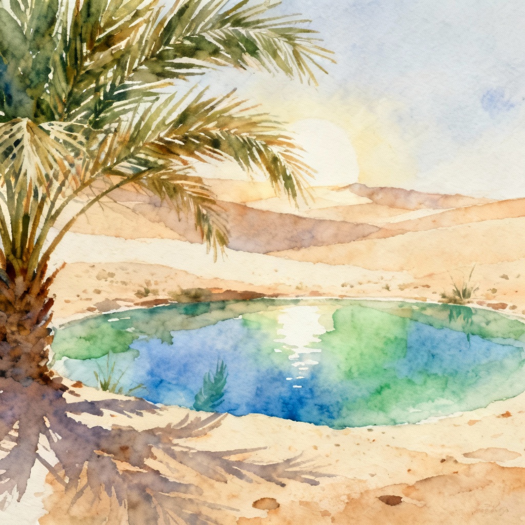 Watercolor painting of a tranquil desert oasis
