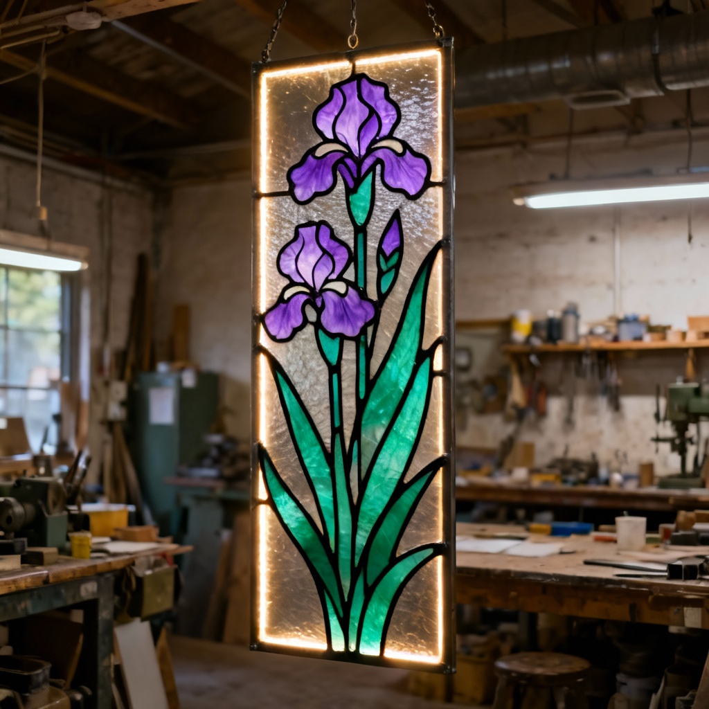 AI botanical iris stained glass panel