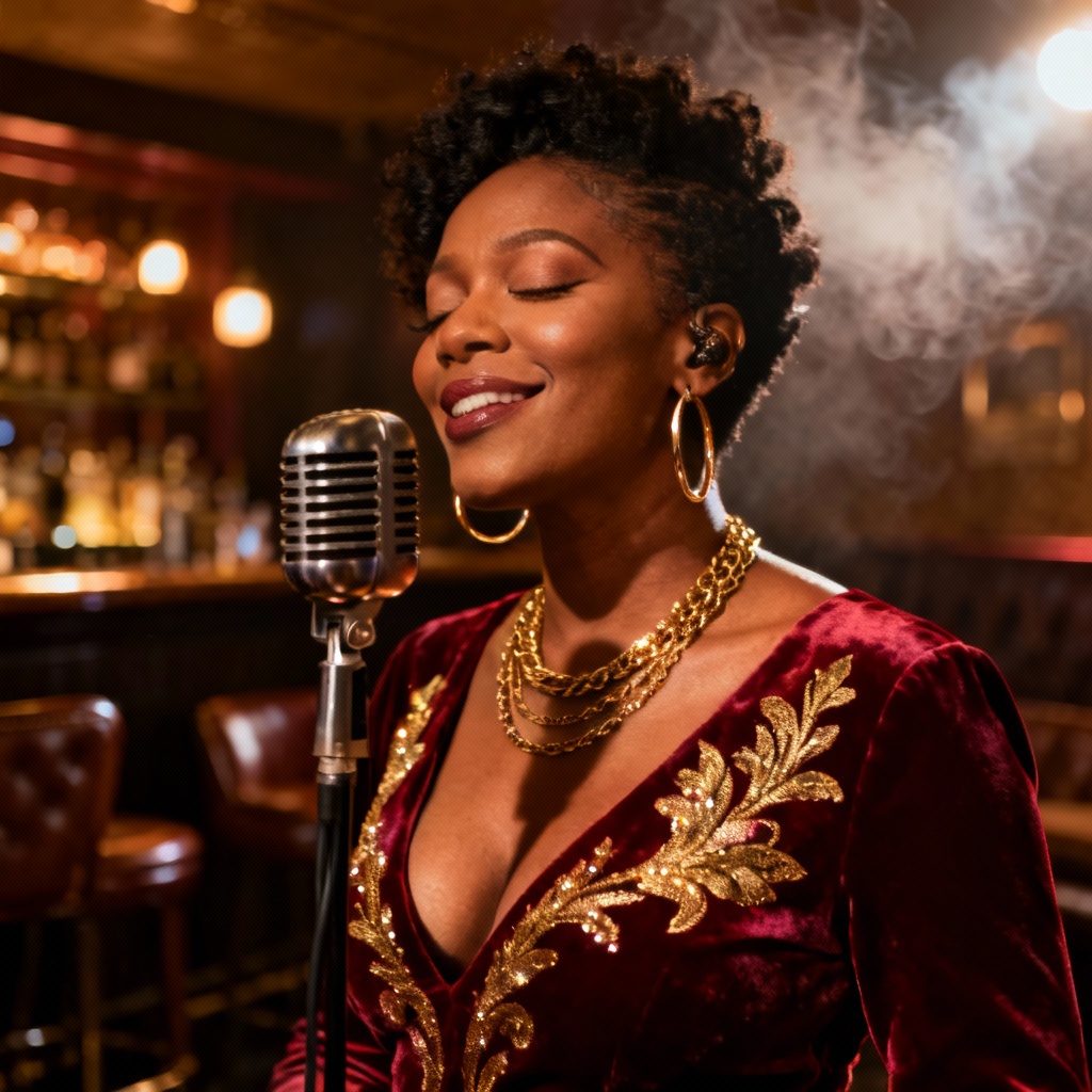 AI RnB soul diva on vintage microphone