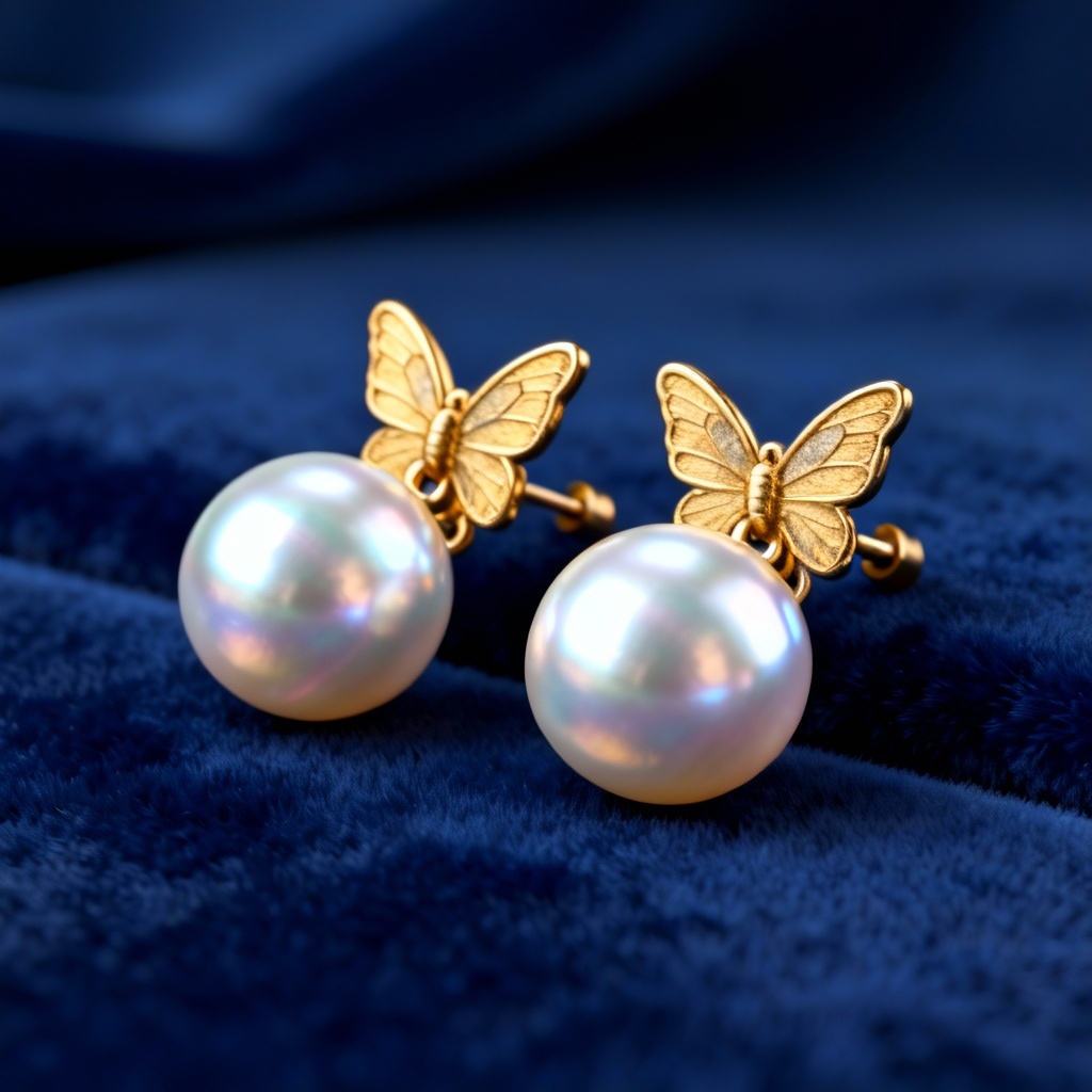 Photorealistic Akoya pearl stud earrings on blue velvet