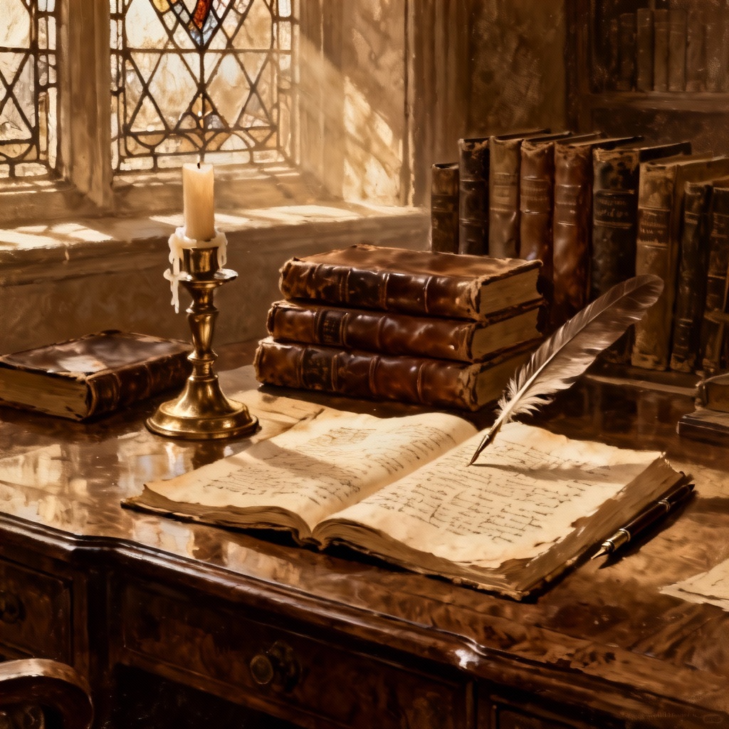 AI British literature generator hero image of a Victorian study with books and quill