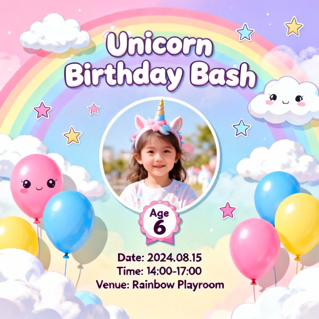 AI unicorn kids birthday invitation with rainbow pastel clouds