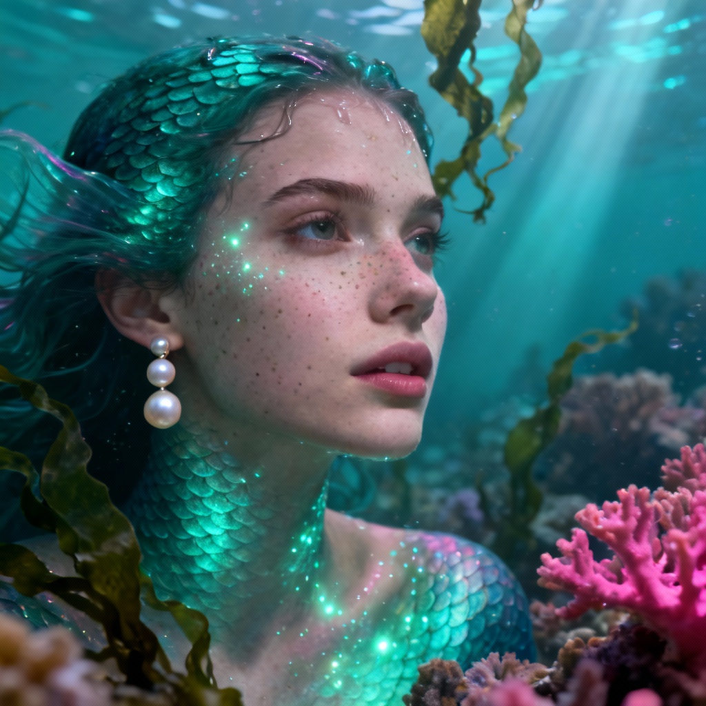 AI mermaid filter with bioluminescent glow and coral reef background