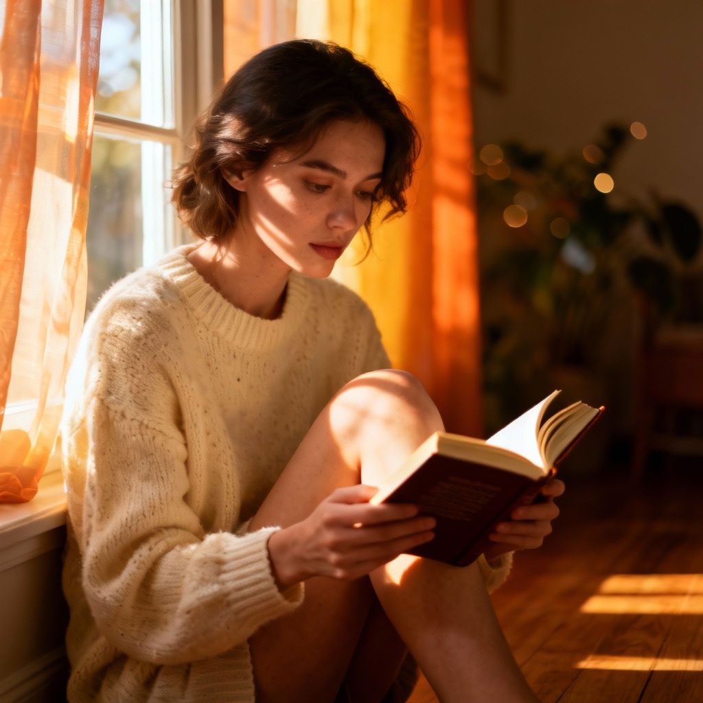 AI realistic girl cozy indoor portrait by window, adult woman