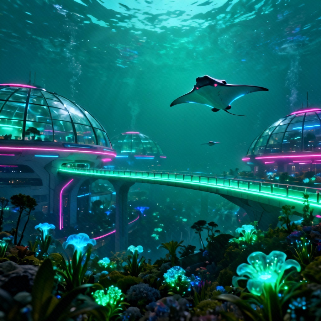 AI futuristic submarine city with neon domes