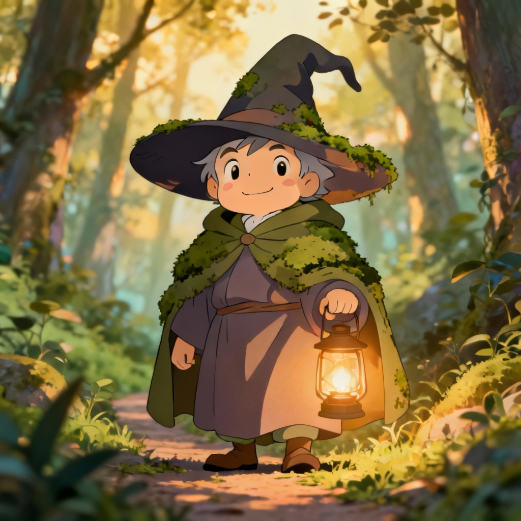 AI wizard ghibli persona standing in a lush forest with a lantern