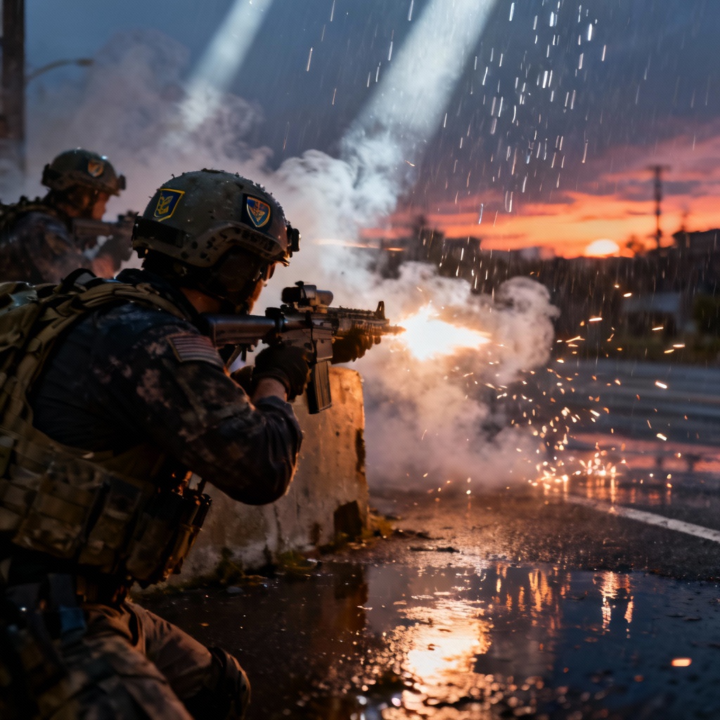 AI urban firefight scene with rain, smoke, and dramatic lighting