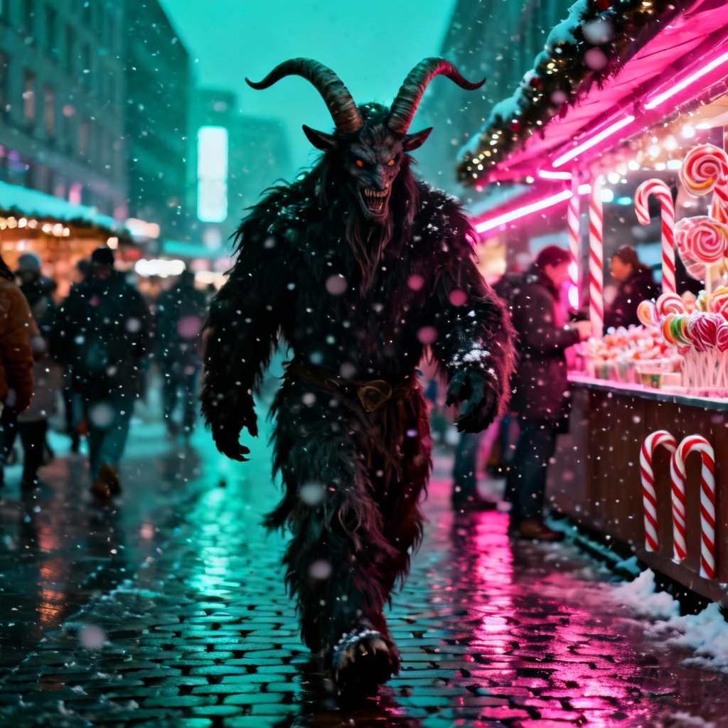 AI Krampus at a city Christmas market scene