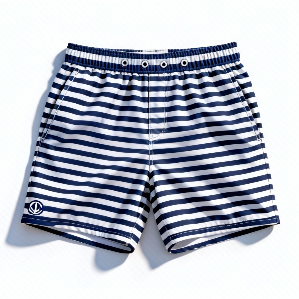 AI minimal striped swim trunks flat lay