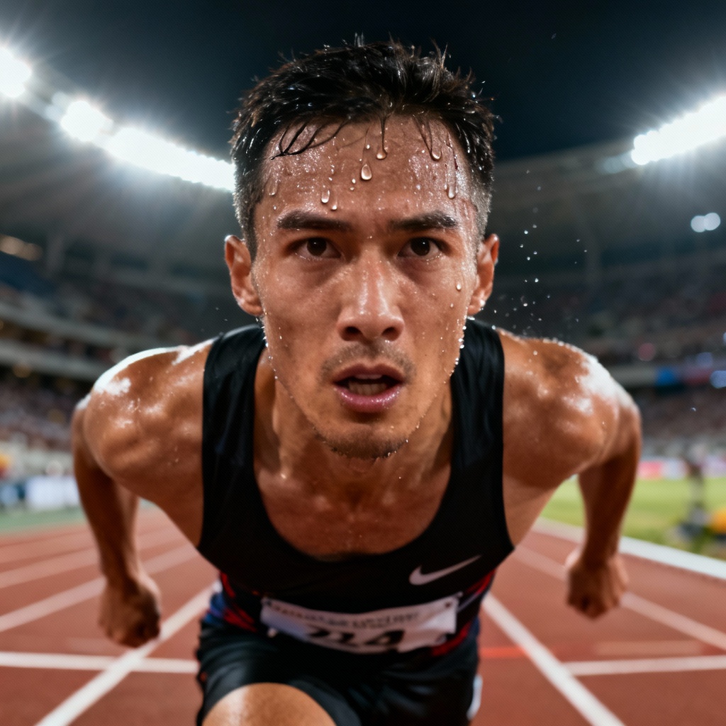 AI athlete portrait with sweat and glossy skin highlights