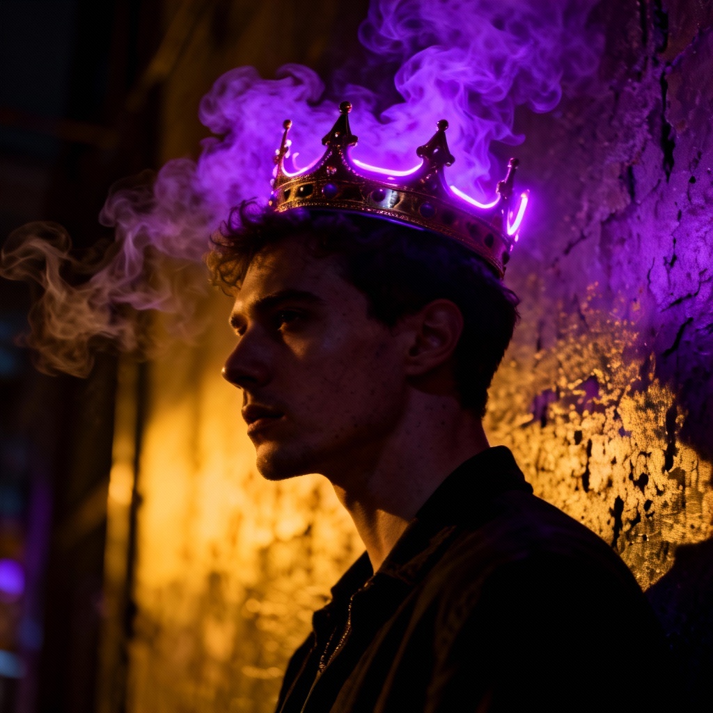 Moody portrait with purple neon halo crown