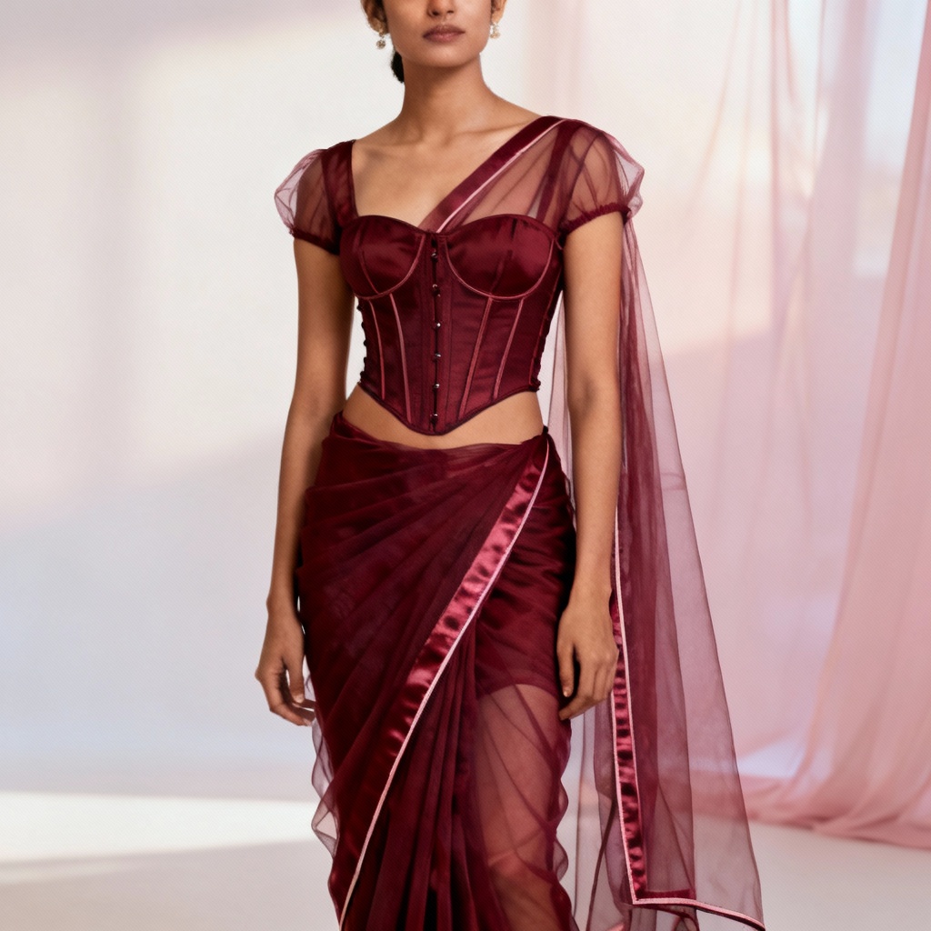 AI maroon organza saree minimal look