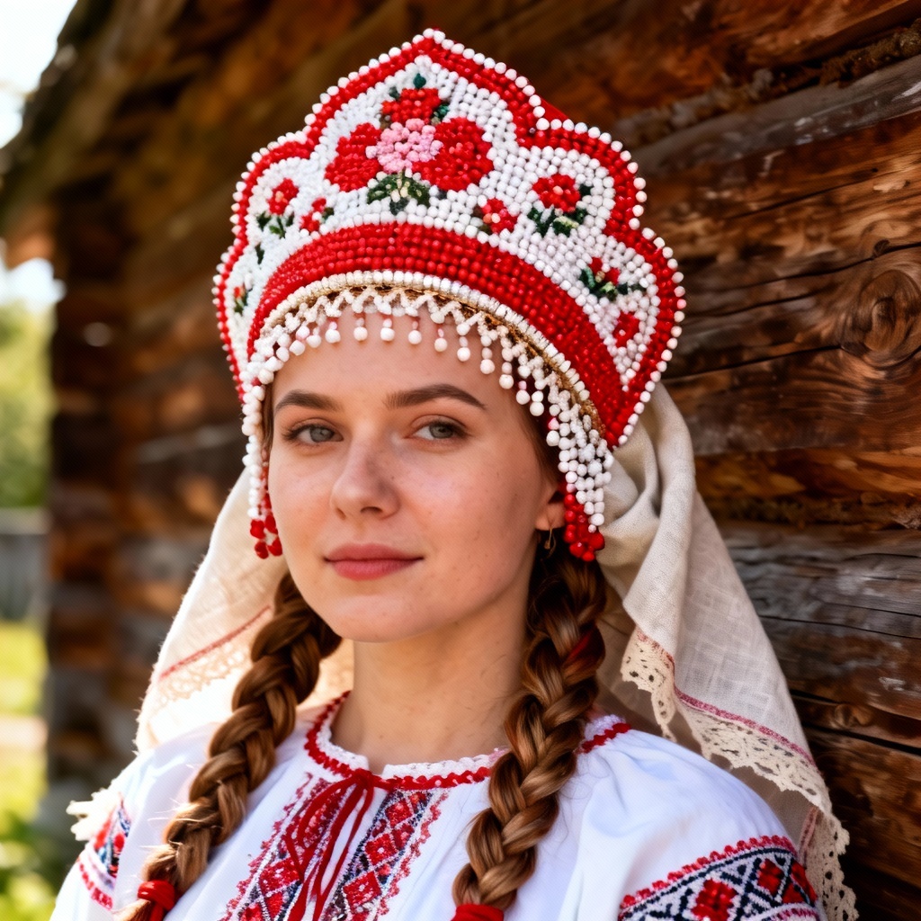 AI Slavic folk beaded kokoshnik with floral embroidery