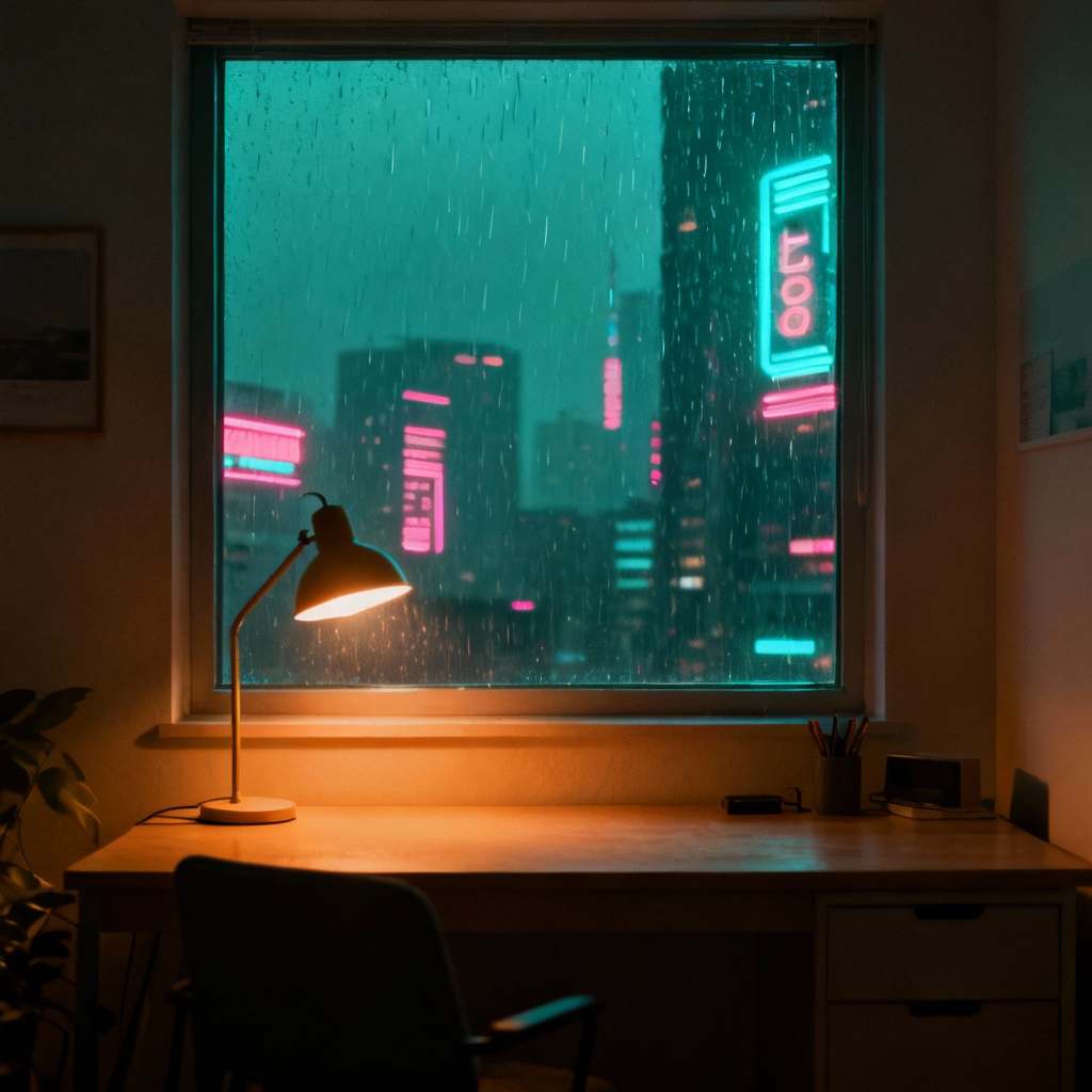 AI lofi minimalist album cover with cozy night city