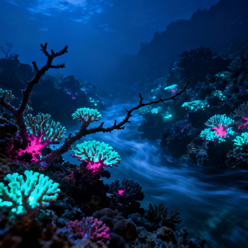 AI night reef glowing with bioluminescent corals