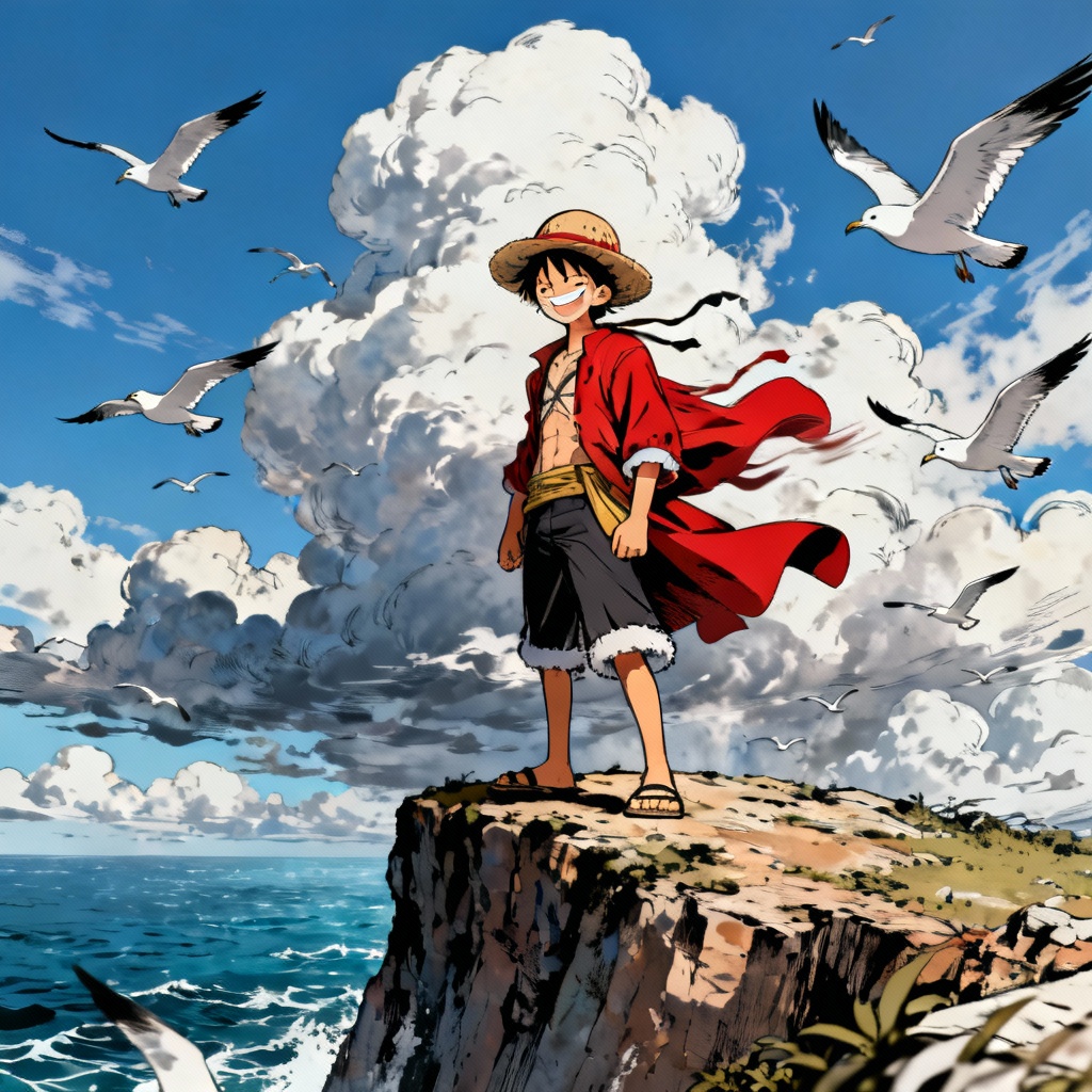 AI One Piece rookie pirate captain with wind-blown coat