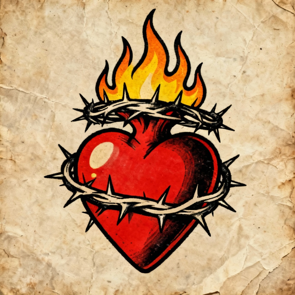 AI classic sacred heart tattoo with flames