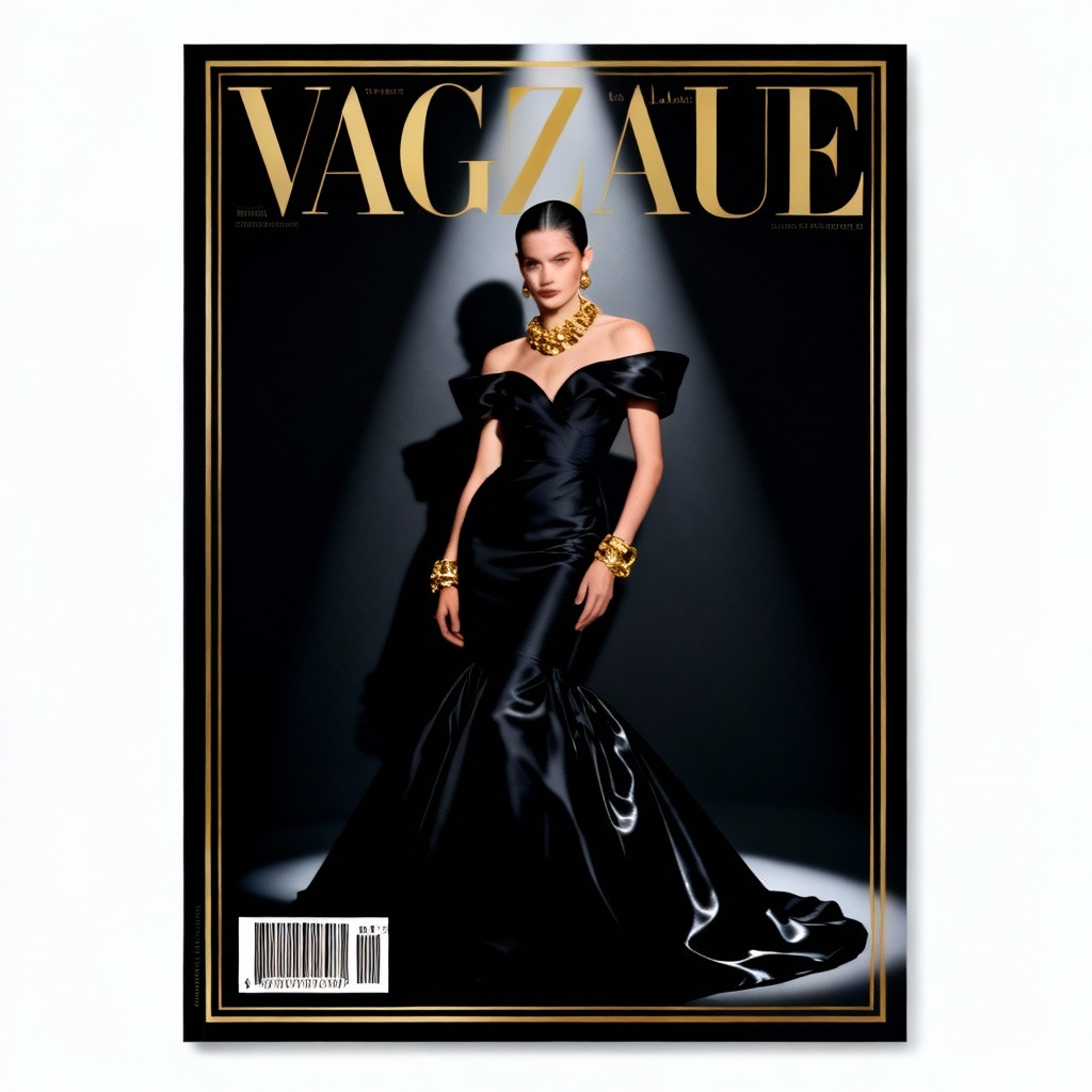 AI editorial magazine cover with couture evening look and gold accents