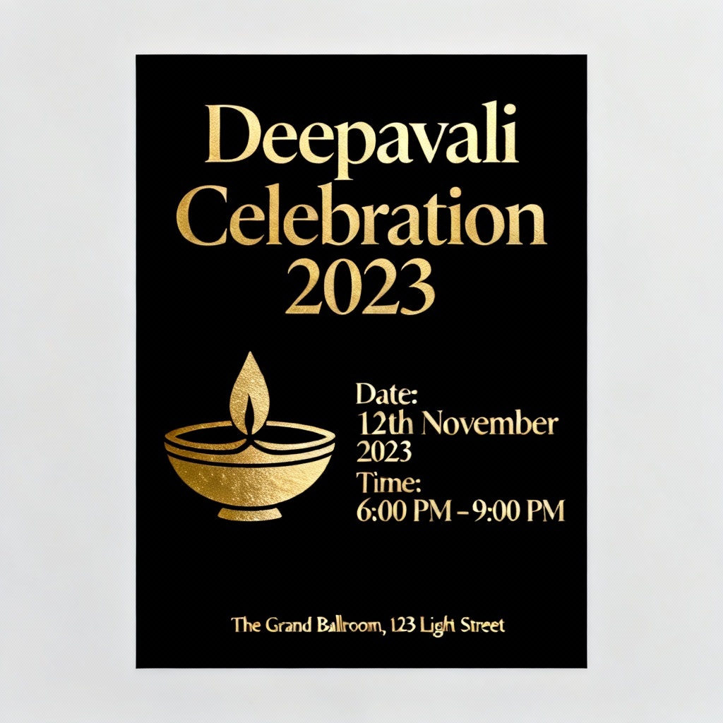 Minimal black and gold Deepavali invitation with diya icon