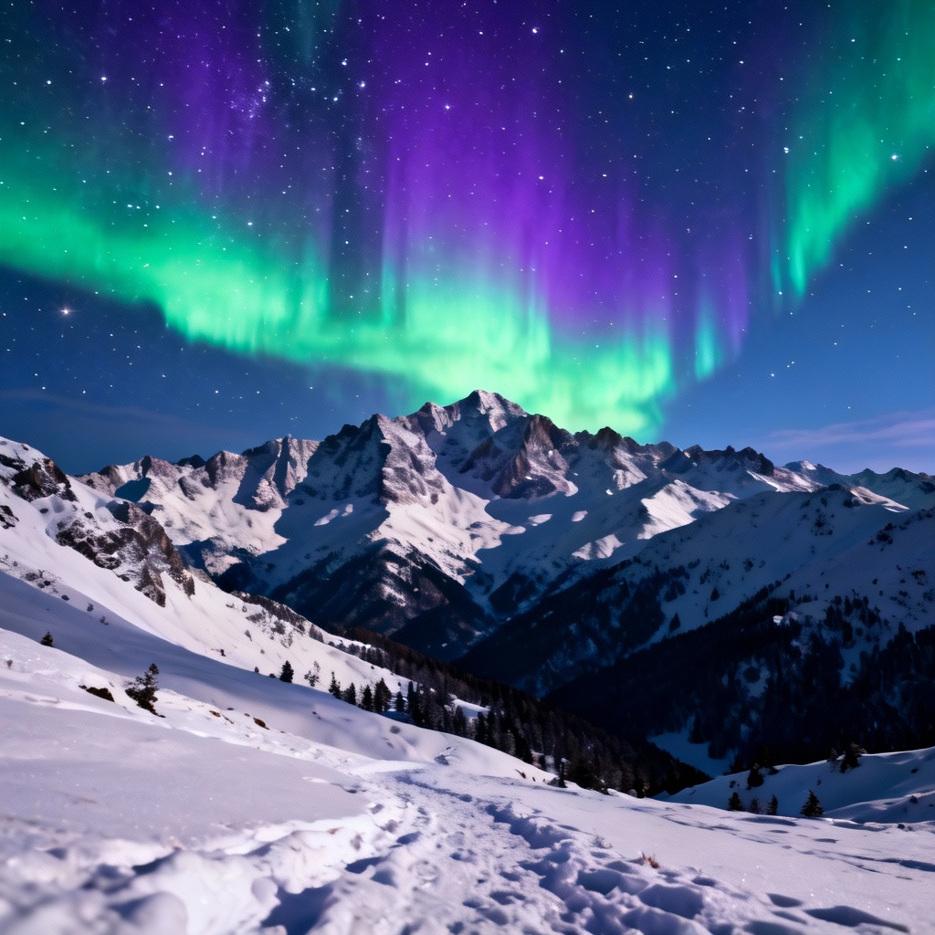 AI aurora borealis above snowy mountain peaks