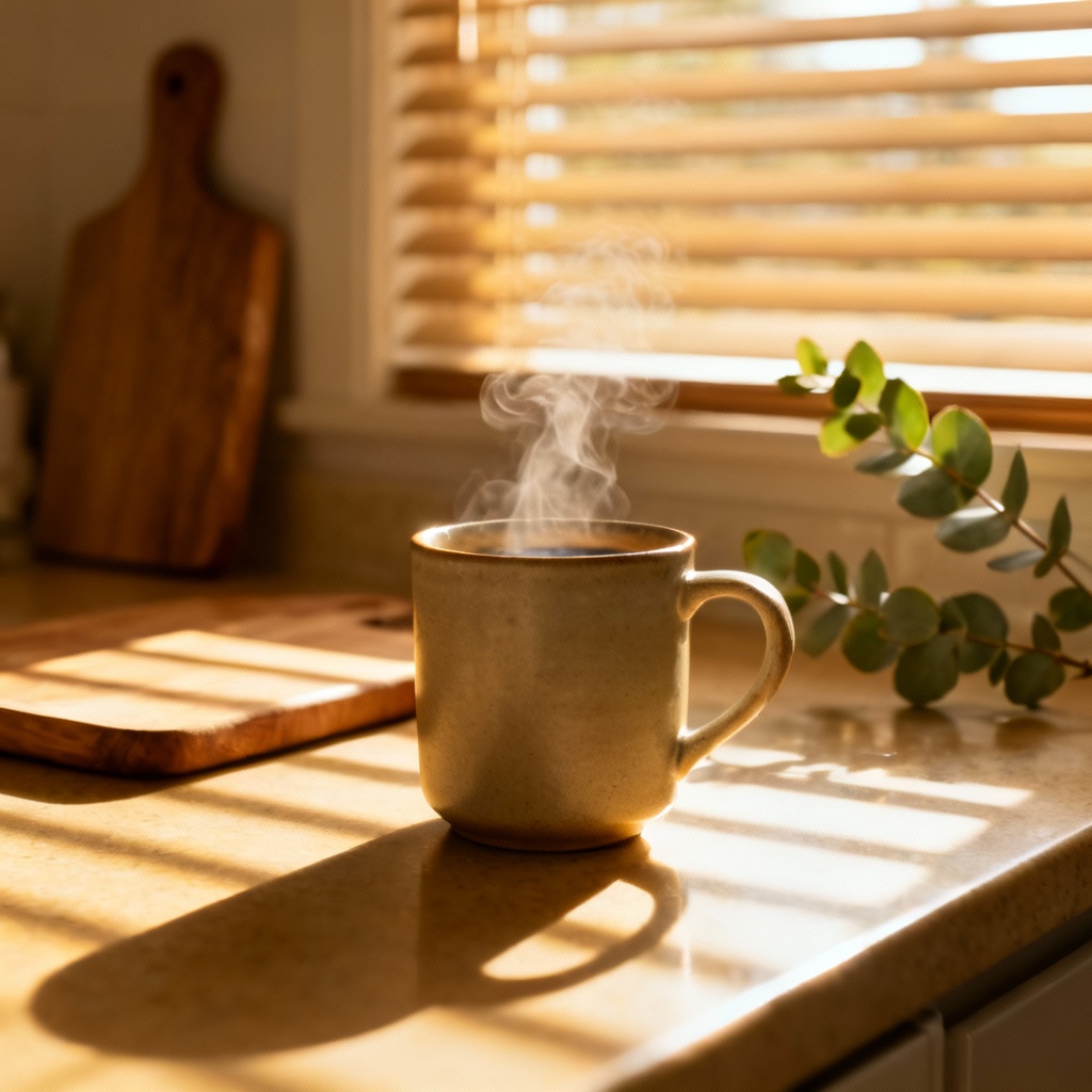 Lifestyle product photo of ceramic coffee mug on sunlit kitchen counter