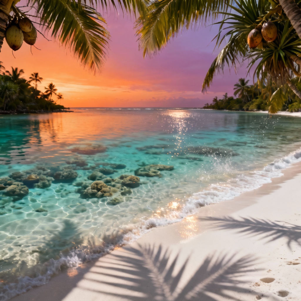 AI tropical sunset lagoon with palms and coral reef