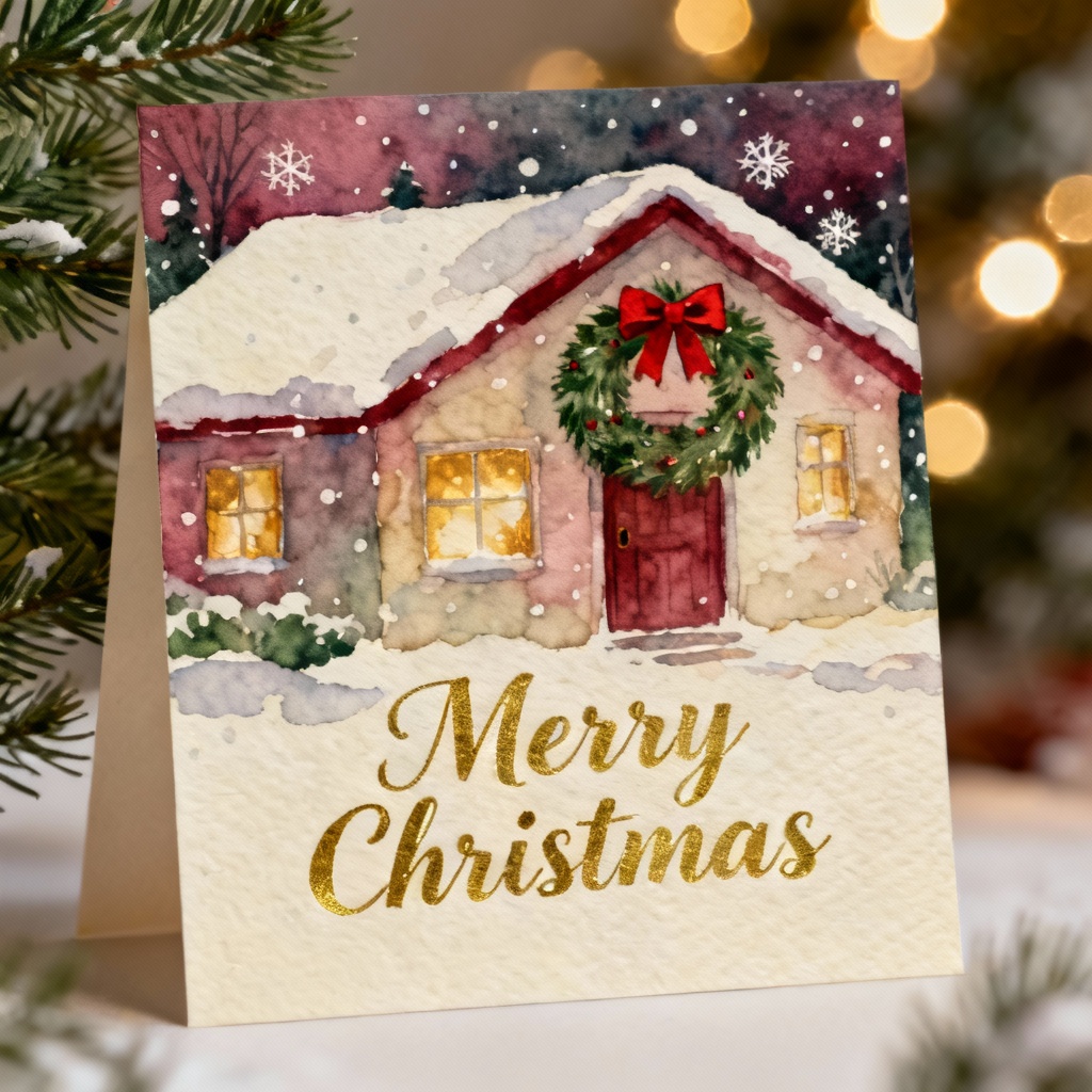 AI Christmas card featuring a snowy cottage and evergreen wreath