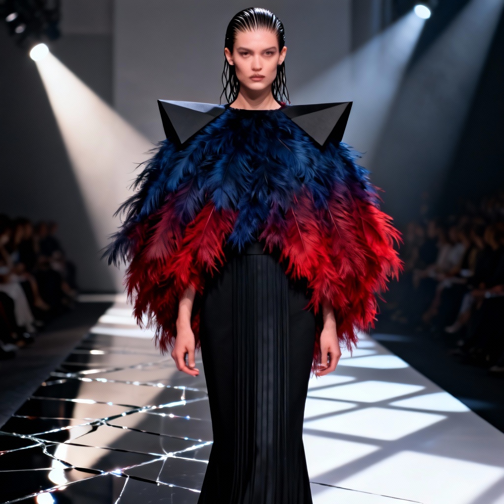 AI avant-garde feathered couture cape and column dress