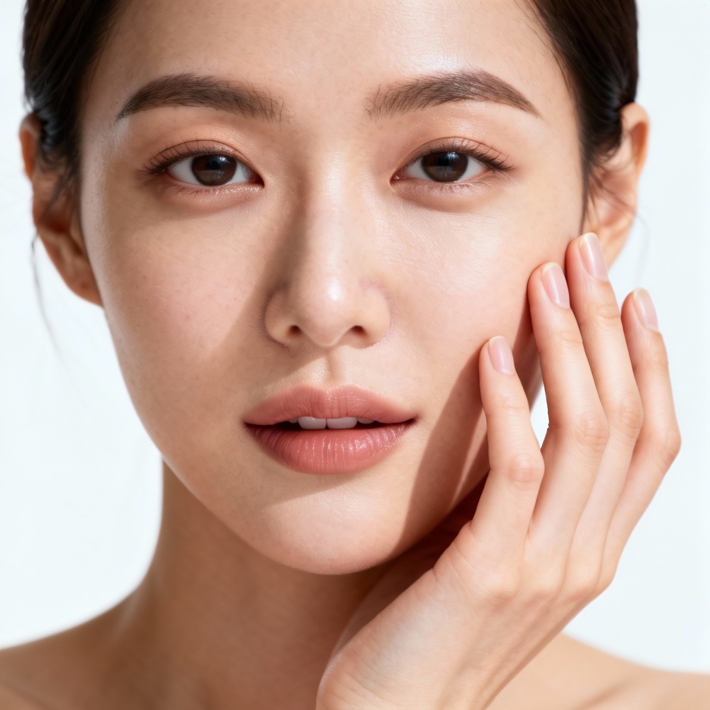 AI corrected hand touching cheek in a studio portrait