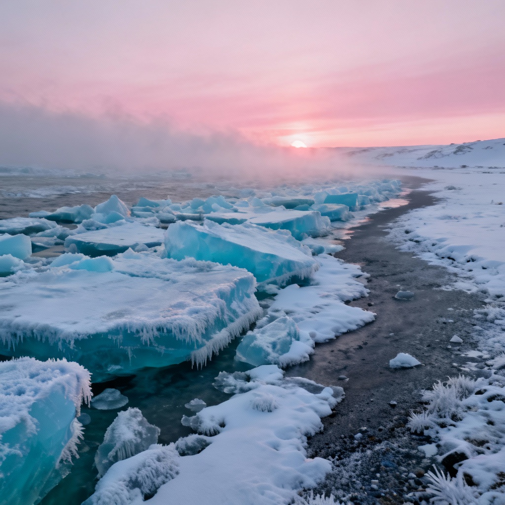 AI arctic coastline sunrise with ice floes and low mist