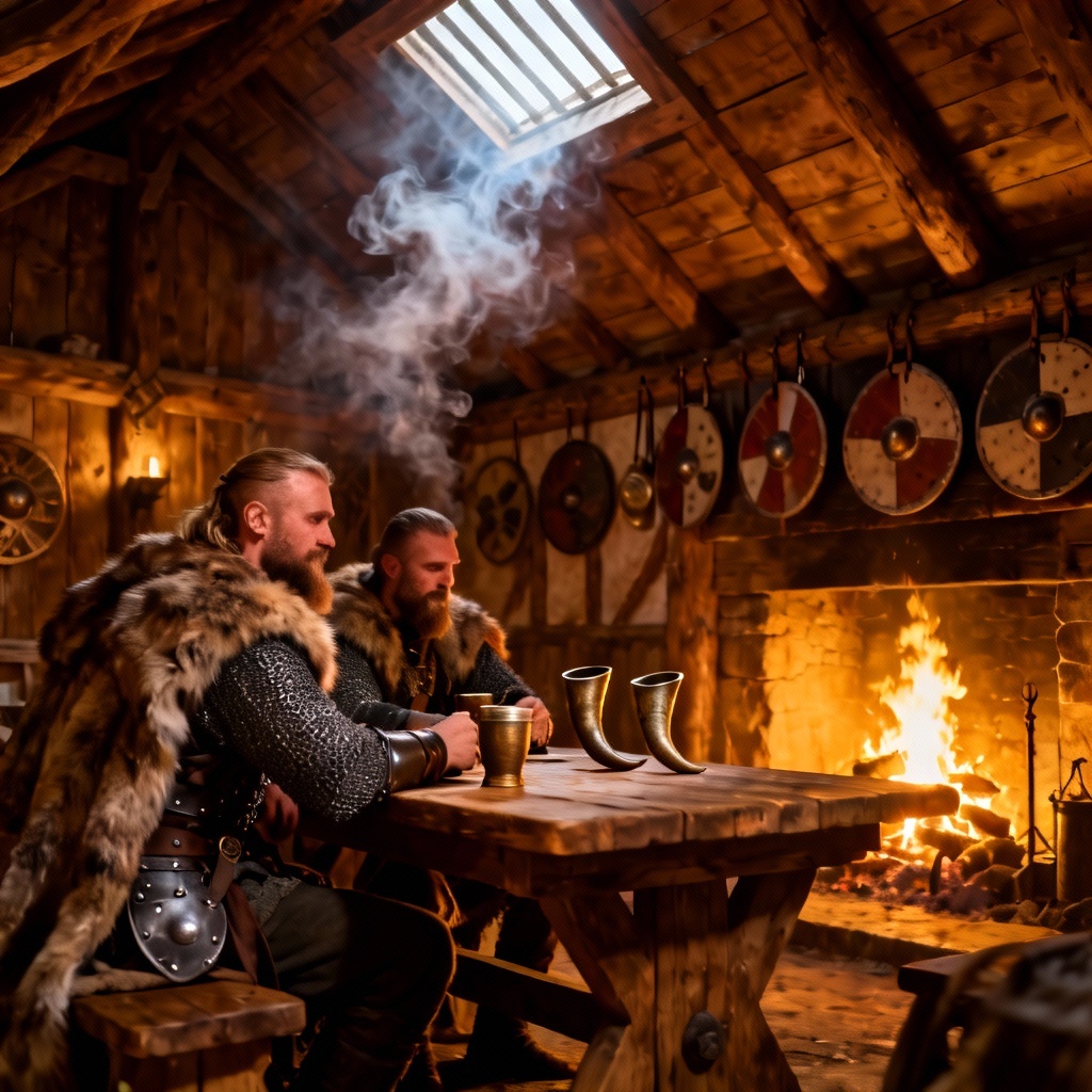 AI Viking jarl council in a smoky longhouse with shields