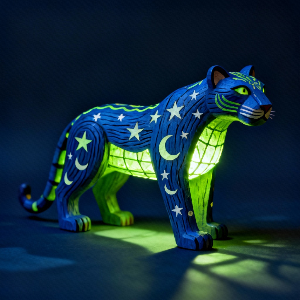 Glowing panther alebrije with star and moon motifs