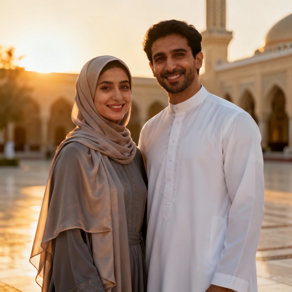 AI portrait of a Muslim couple wearing hijab and thobe with warm lighting