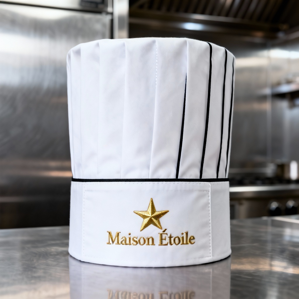 AI branded executive chef hat mockup with gold embroidery